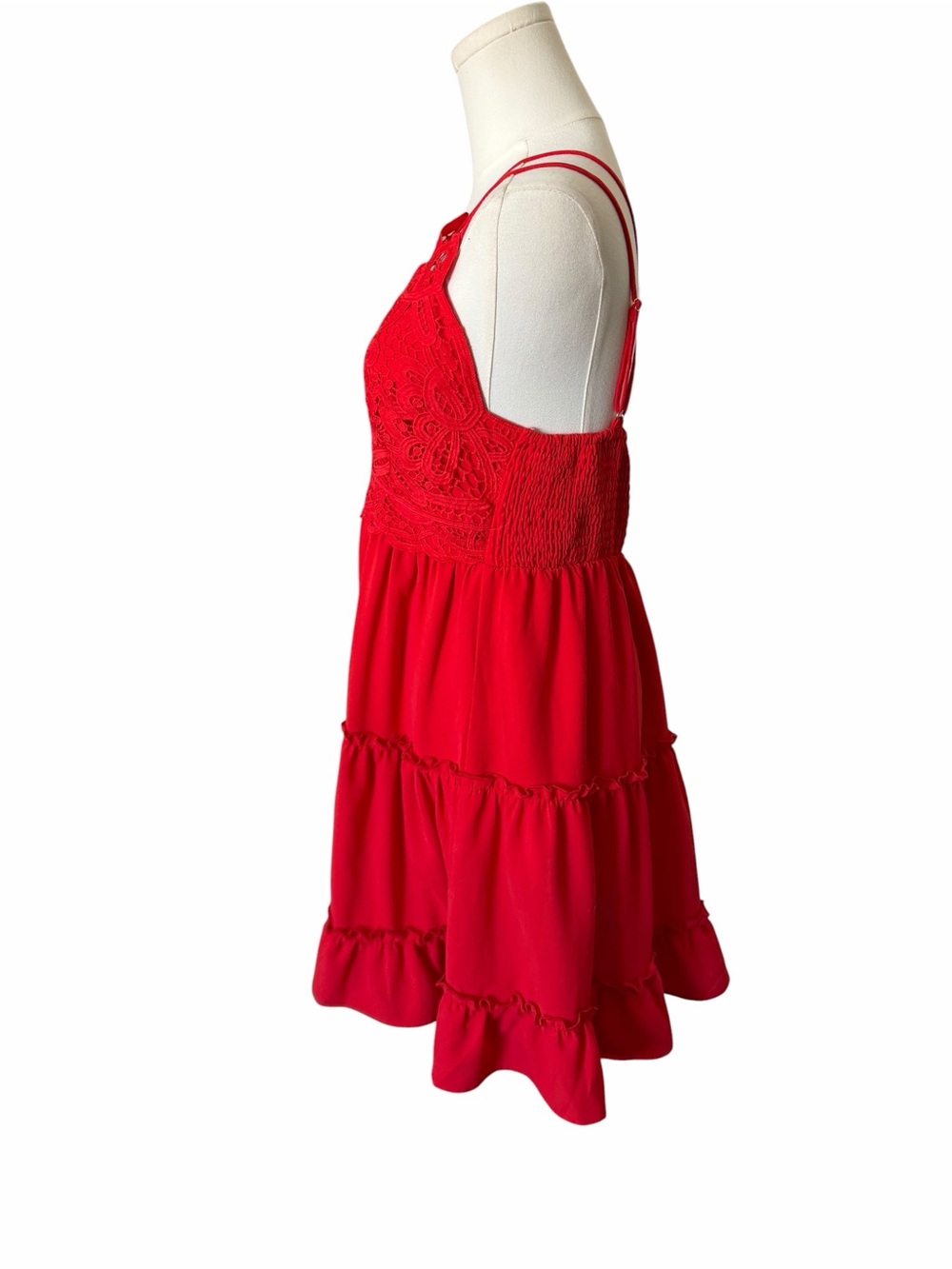 Main Strip Slip Dress is a vibrant red - Picture 3 of 5